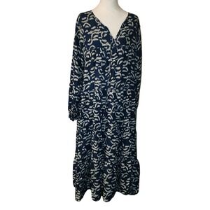 Maelu Navy Cream Tiered Maxi  V Neck Long Sleeve Size L Anthronpologie Dress